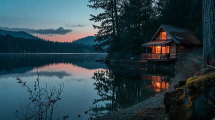 Obraz premium Warm Glow from Lakeside Cabin in Dense Forest at Dusk