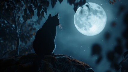 Luminous Full Moon with Silhouetted Cat - A captivating scene featuring the silhouette of a cat against the backdrop of a bright full moon in a clear night sky - obrazy, fototapety, plakaty