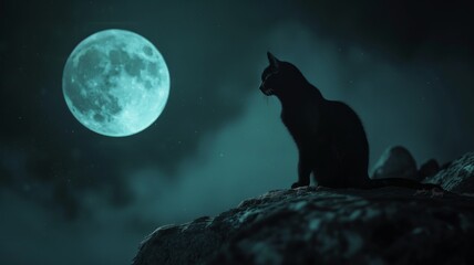 Moonlit Silhouette of Cat on a Prowl - The striking silhouette of a cat is seen under a full moon, evoking the mystery and agility of these nocturnal creatures