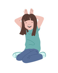 A cheerful, smiling young woman, the girl sits on her knees and holds her hands above her head like the ears of a hare. Vector illustration in flat style.