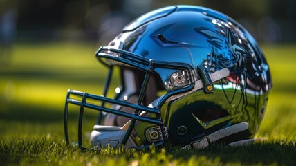 Reflective Blue Helmet on Turf - A high-definition image of a blue American football helmet reflecting the surroundings on the field, merging safety and style.