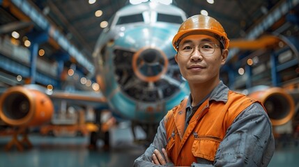 Engineer, technician with airplane in hangar