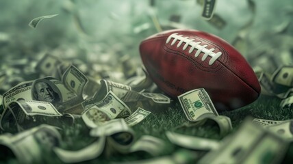 Financial Touchdown: Sports and Money - An artistic representation of a red football in a whirlwind of money, symbolizing the financial frenzy in sports.