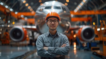Engineer, technician with airplane in hangar