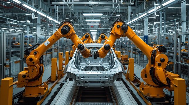 An automated assembly line in an efficient car manufacturing facility and space, Generative AI.