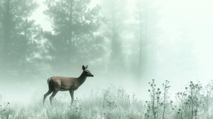 Mystical Deer in Ethereal Forest Mist - A serene scene of a deer in a mystical, fog-laden forest.
