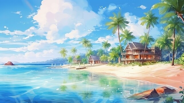 Resort on tropical beach with sea and trees when summer. Cartoon or anime watercolor digital painting illustration style. 