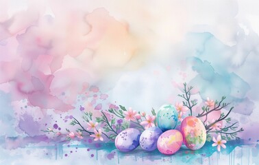 Easter eggs and spring flowers on a festive background, perfect for seasonal celebrations. Copy space