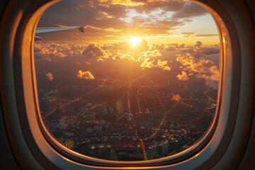 Fototapeta premium Stunning view of the city and cloudless sunset sky behind the airplane window during flight.