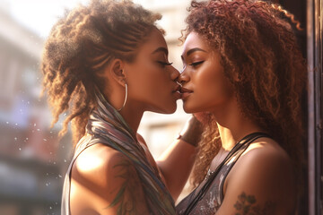 Two young dark-skinned lesbians gently embrace each other. Family lesbian couple. - obrazy, fototapety, plakaty