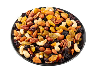 Mix of dried nuts and raisins isolated on white.