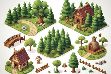 Obraz na płótnie Canvas Occasionally, isometric forest scenes might include man-made structures like cabins