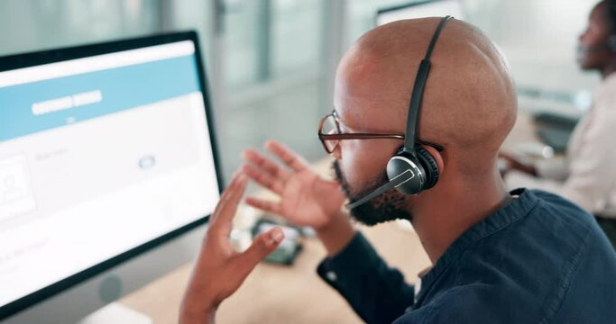 Call center, businessman and screen with communication and telemarketing for customer service and headset. Consultant, black man and helpdesk operator with desktop, microphone and crm support at work