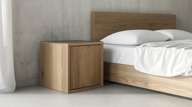 Modern oak side table stands next to a modern bed with white bed linen in bedroom.