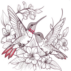 Fototapeta premium Black and white Hummingbird and flowers tattoo design