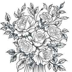 Coloring book flowers black outline. Bouquet of peonies and roses