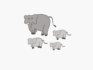 Cartoon drawing of a gray elephant with black lines. Cartoon of 4 elephants. Mother elephant and baby elephant. elephant on white background.
