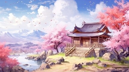 Landscape of traditional Japanese house in cherry blossoms season. Cartoon or anime watercolor digital painting illustration style.