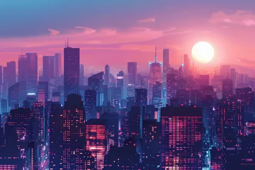 Gardinen Futuristic City Skyline at Sunset with Glowing Windows, Urban Landscape Background with a Beautiful Gradient Sky © Qmini