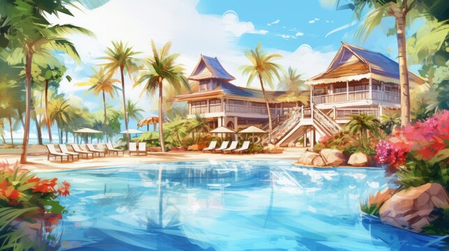 tropical resort in beautiful beach. Cartoon or anime watercolor digital painting illustration style.
