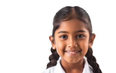 Smiling smart indian hispanic preteen girl with ponytails wearing school uniform standing isolated on transparent