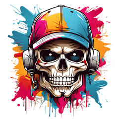 A colourful skull wearing a hat and headphones T-shirt design.