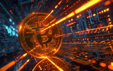 bitcoin criptocurrency symbol with glowing technology abstract effect and hologram circuit background