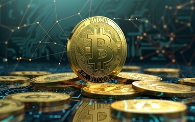 bitcoin criptocurrency symbol with glowing technology abstract effect and hologram circuit background