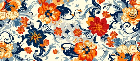 Fototapeta na wymiar Vibrant floral pattern with beautiful orange and blue flowers on a white background