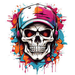 A colourful skull wearing a hat and headphones T-shirt design.
