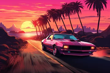 Fotobehang a car on a road with palm trees and sunset © Georgeta