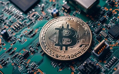 bitcoin criptocurrency symbol with glowing technology abstract effect and hologram circuit background