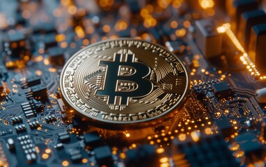 bitcoin criptocurrency symbol with glowing technology abstract effect and hologram circuit background