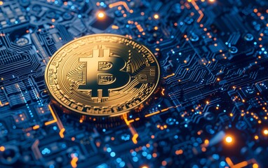 bitcoin criptocurrency symbol with glowing technology abstract effect and hologram circuit background