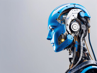A humanoid robot's profile reveals intricate blue circuitry within its head, showcasing advanced artificial intelligence.