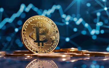 bitcoin criptocurrency symbol with glowing technology abstract effect and hologram circuit background