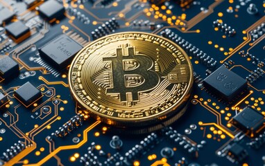 bitcoin criptocurrency symbol with glowing technology abstract effect and hologram circuit background