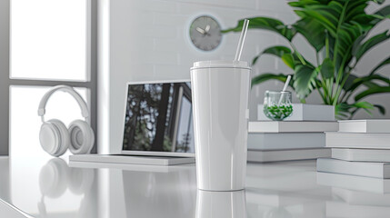White Tumbler Mockup with Straw in a Modern Home Office Environment