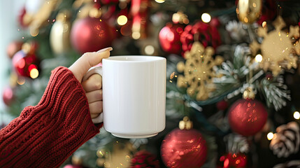 Hand-Held White Mug Mockup with Festive Christmas Tree Decor with Christmas items Background 