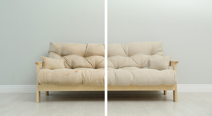 Sofa before and after dry-cleaning near grey wall indoors, collage