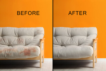 Sofa before and after dry-cleaning near orange wall indoors, collage
