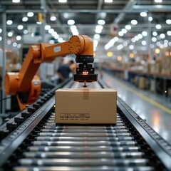 Carton on roller conveyor. Automatic Robot carton tape sealing machine. Industrial logistics warehouse - obrazy, fototapety, plakaty