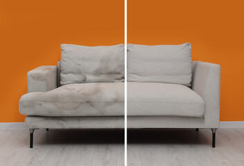 Sofa before and after dry-cleaning near orange wall indoors, collage