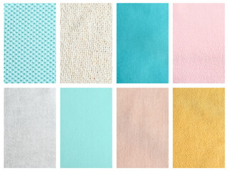 Fototapeta premium Textures of different colorful fabrics, top view
