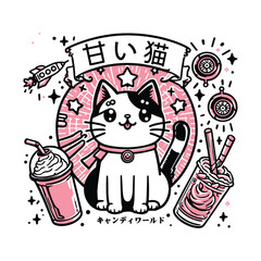 cute cat anime japan tshirt design vector