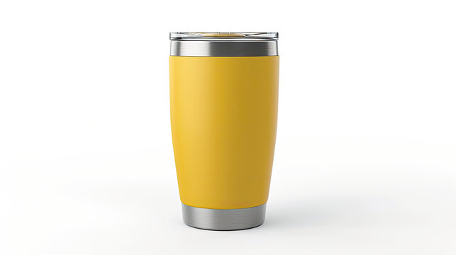 Vibrant Mustard Yellow Insulated Tumbler Mockup with Stainless Steel Accents on Bright Background
