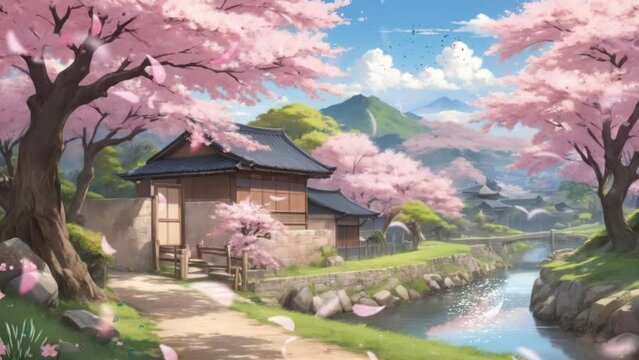 japanese landscape with lake and trees. Cartoon or anime watercolor painting illustration style. seamless looping virtual video animation background.