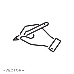 hand holding pen icon, handwriting, writing signature, thin line symbol isolated on white background, editable stroke eps 10 vector illustration
