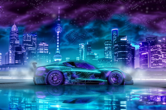Abstract futuristic car and modern cityscape. city night on highway concept. Immersed in the Neon City of Tomorrow