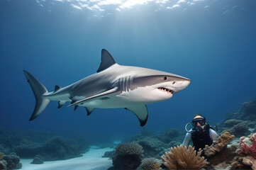 a shark swims underwater near a coral reef and a diver.